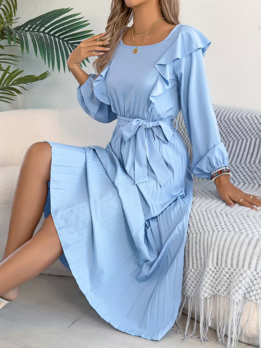 Ruffled Pleated Midi Dress with Waist Tie, image 3