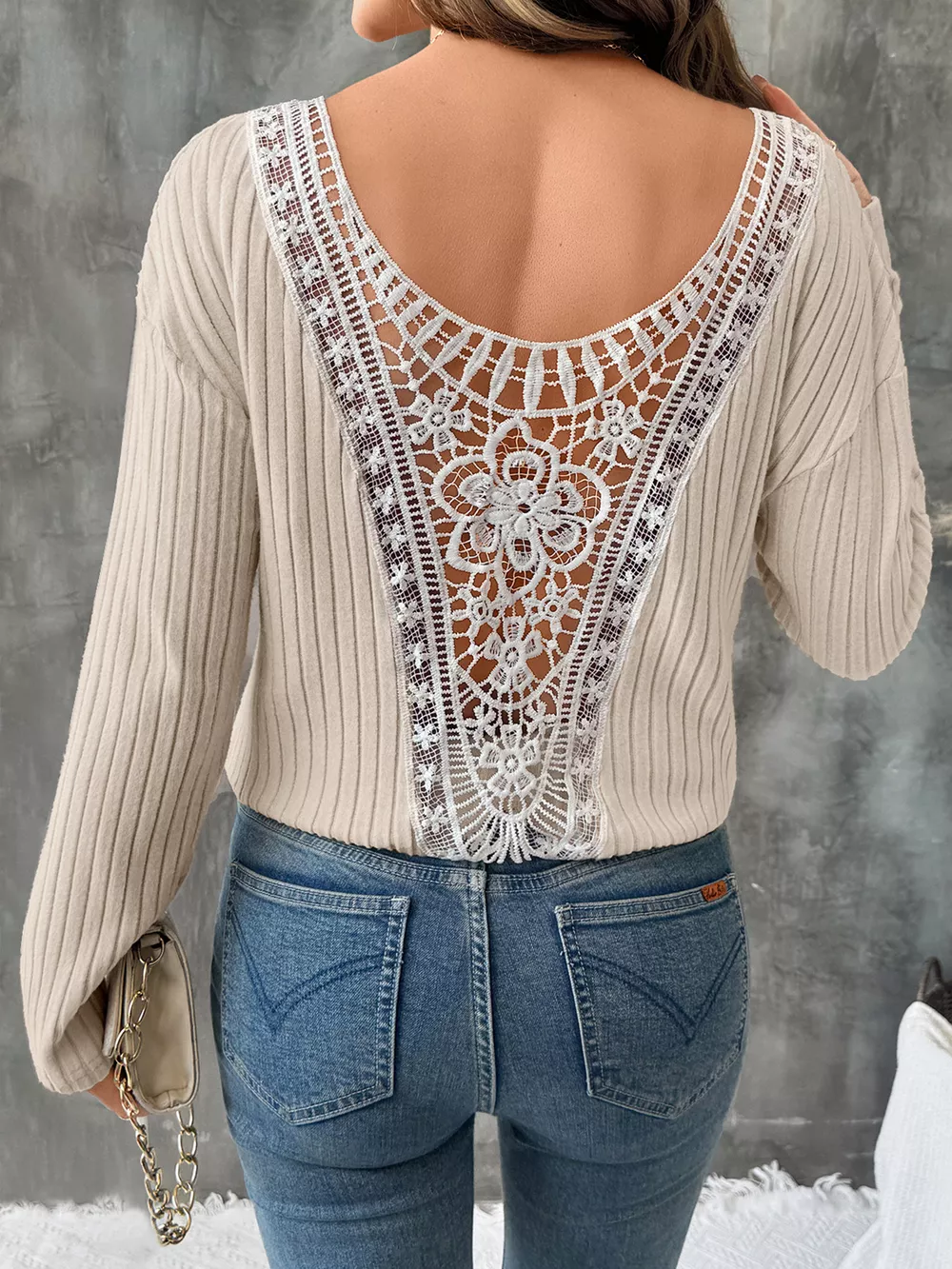 Lace Detail Ribbed Knit Long Sleeve T-Shirt, image 6
