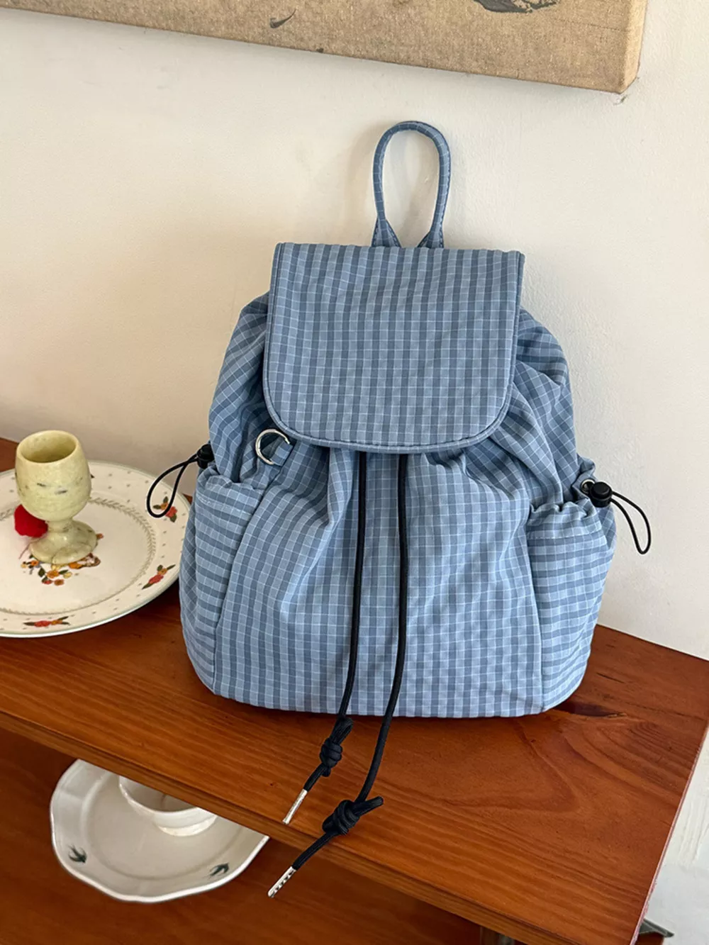 Plaid Drawstring Closure Backpack Bag, image 7