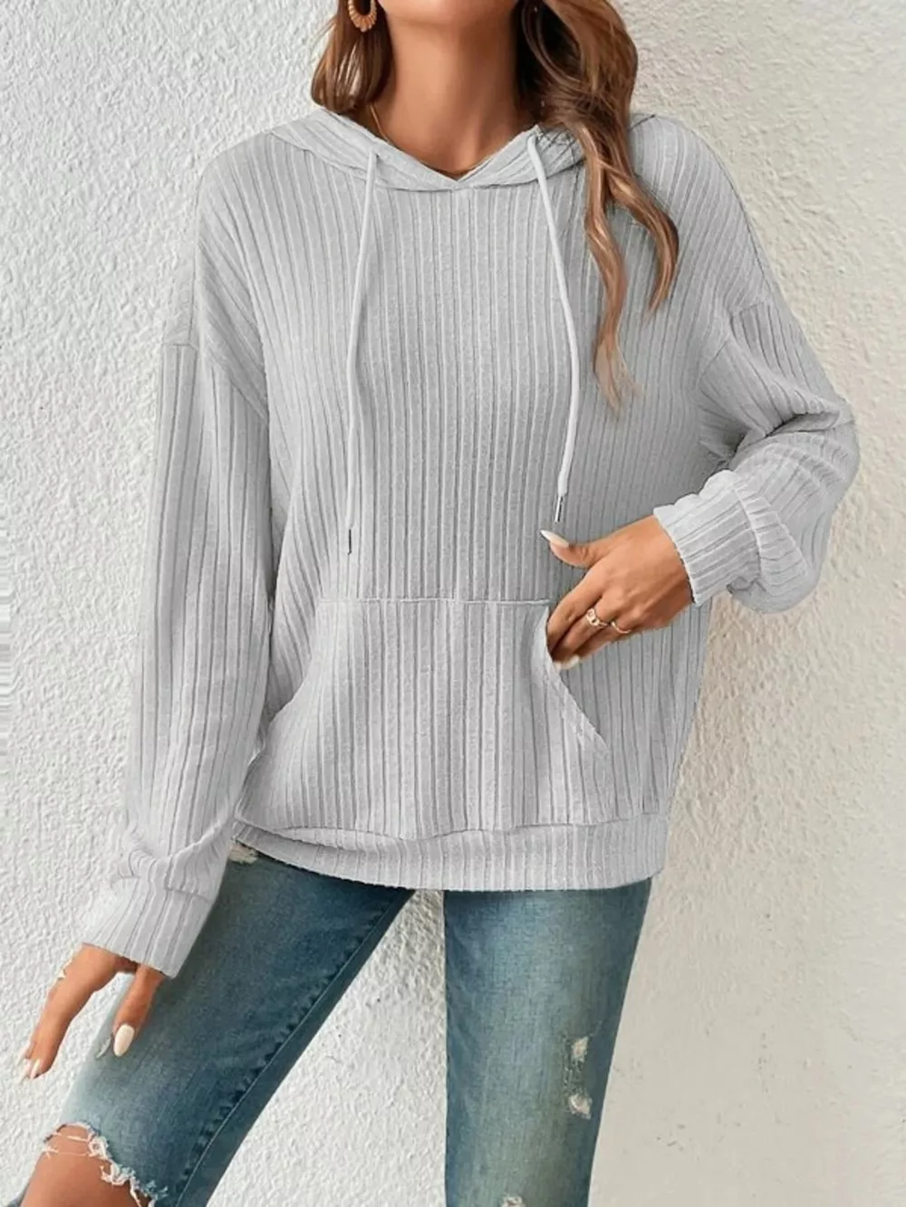 Casual Ribbed Knit Drawstring Hoodie, image 8
