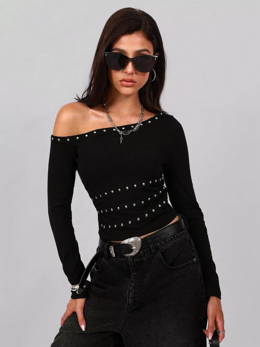Studded One Shoulder Long Sleeve T-Shirt, image 5