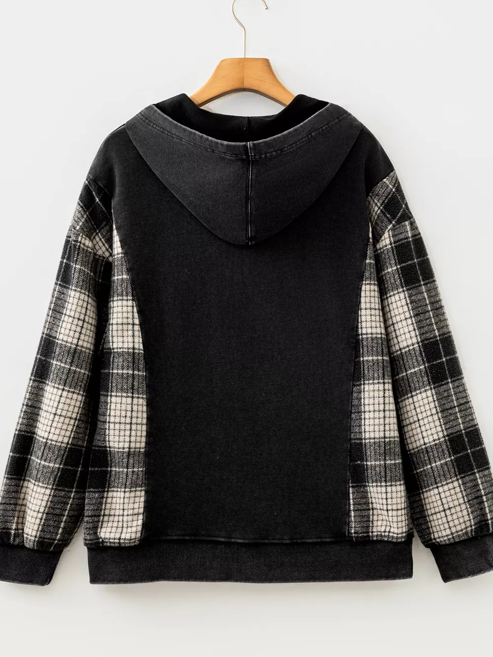 Plaid Sleeve Drawstring Pocket Hoodie, image 26