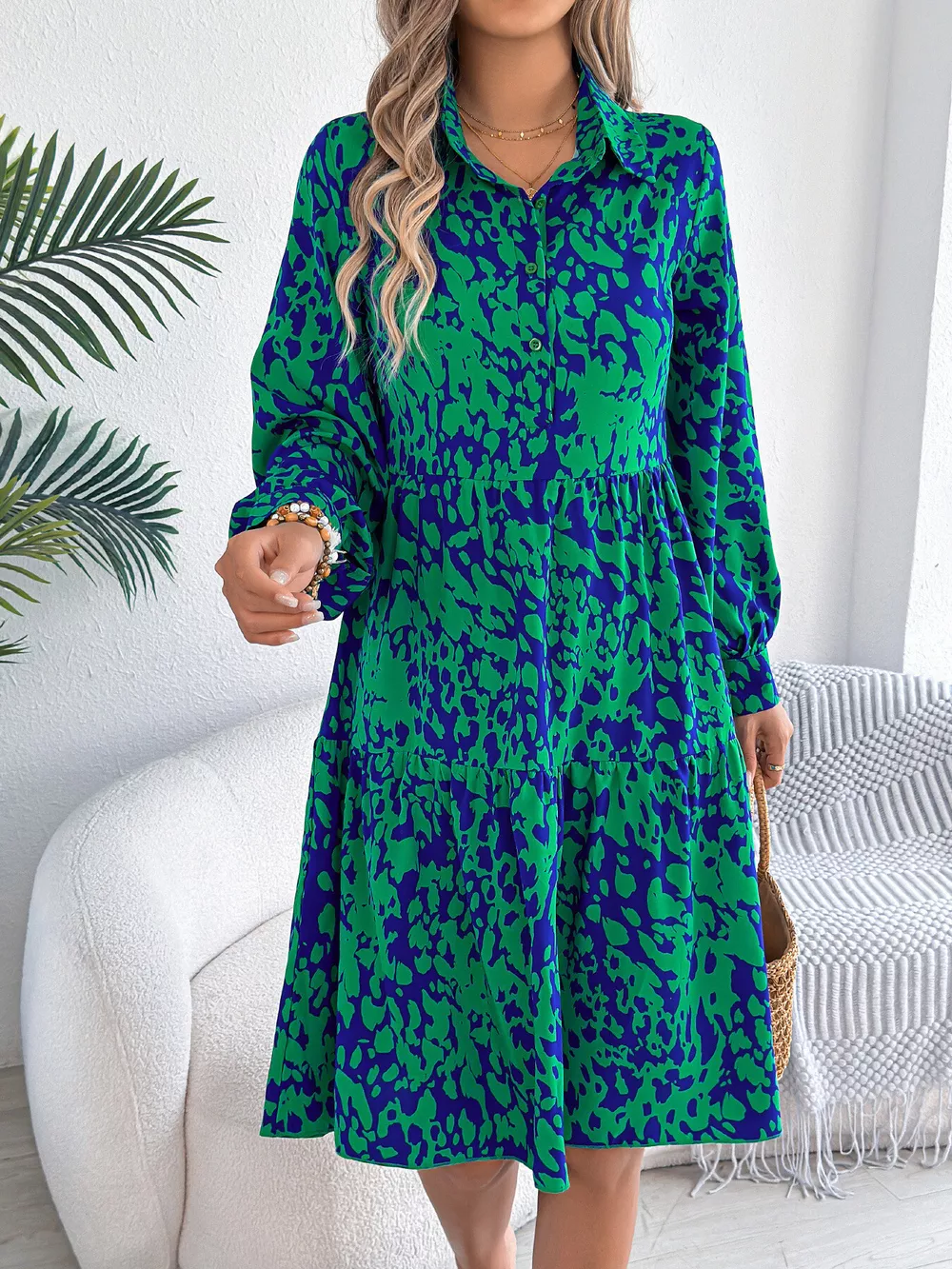 Printed Collared Neck Long Sleeve Dress, image 9