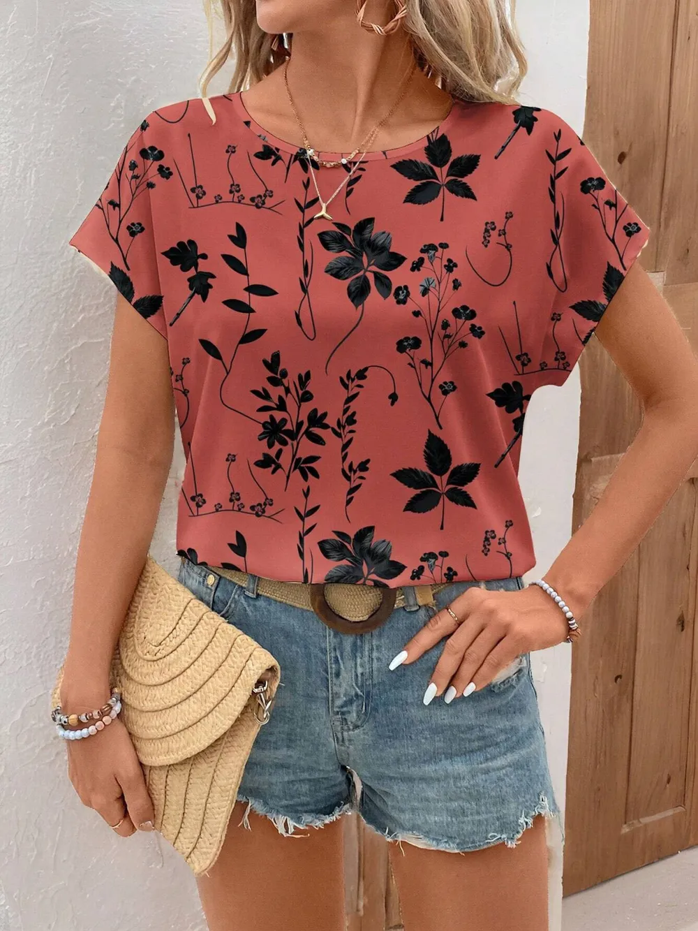 Printed Round Neck Short Sleeve Blouse, image 6