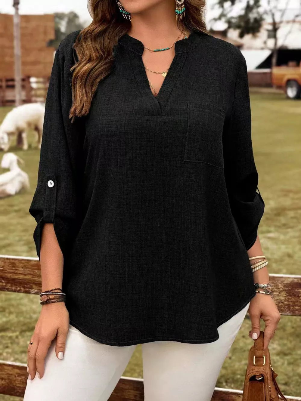 Plus Size Notched Roll-Tab Sleeve Casual Blouse, image 4