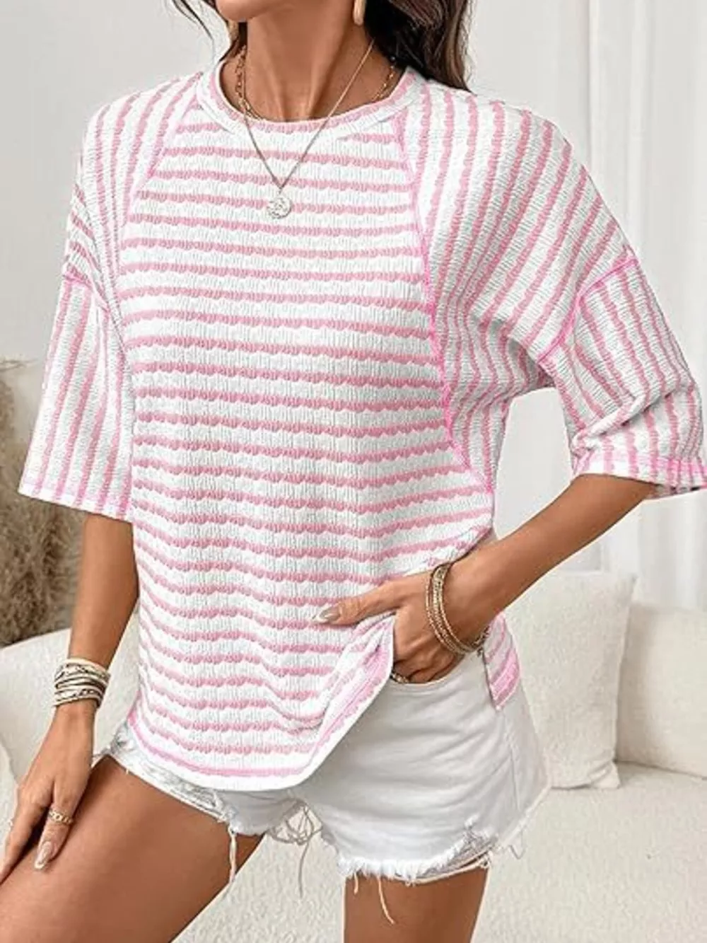 Striped Knit Round Neck T-Shirt, image 7