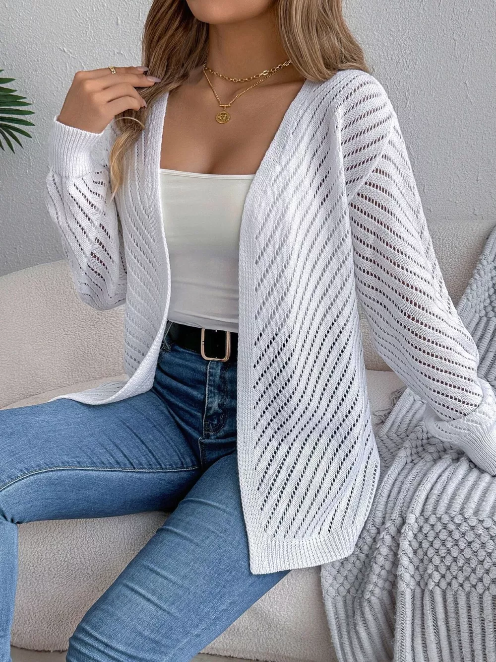 Openwork Open-Front Long Sleeve Cardigan, image 2