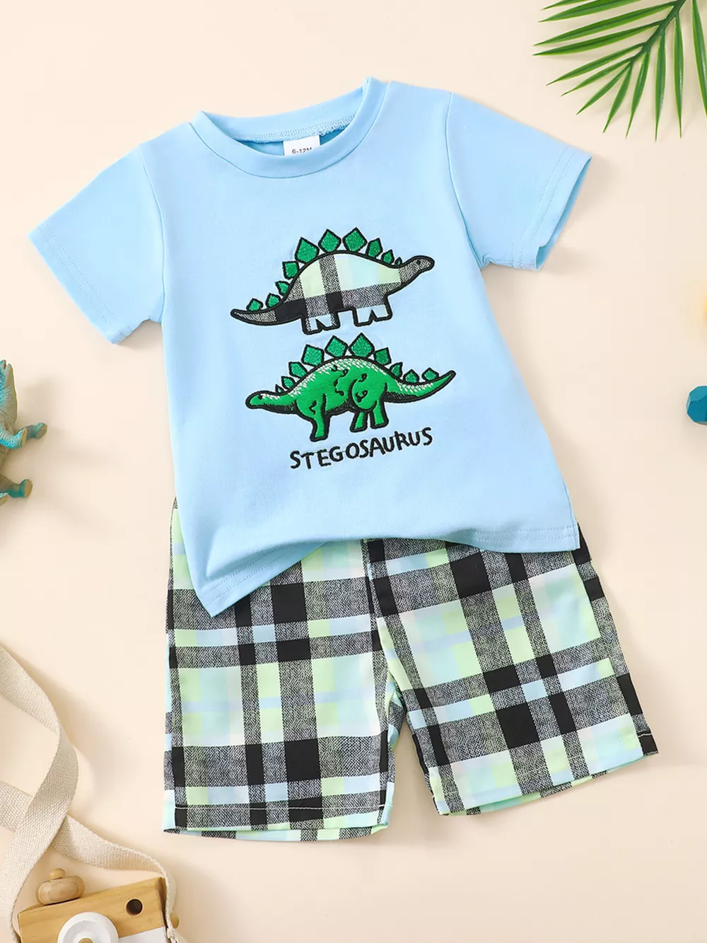 Children's Dinosaur Short Sleeve Tee & Plaid Shorts Set, image 4