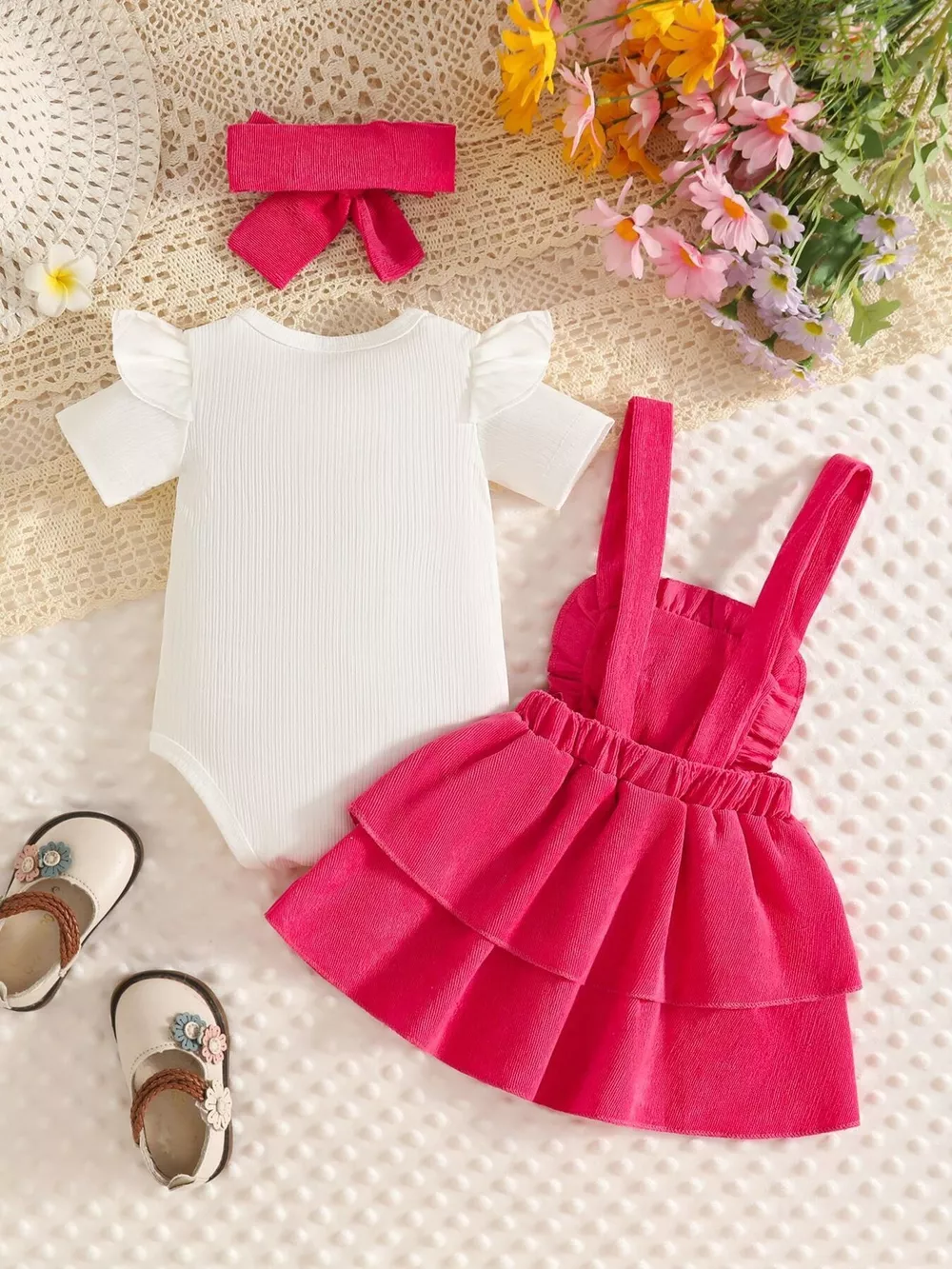 Children's Ribbed Top and Floral Overall Dress Set with Headband, image 7