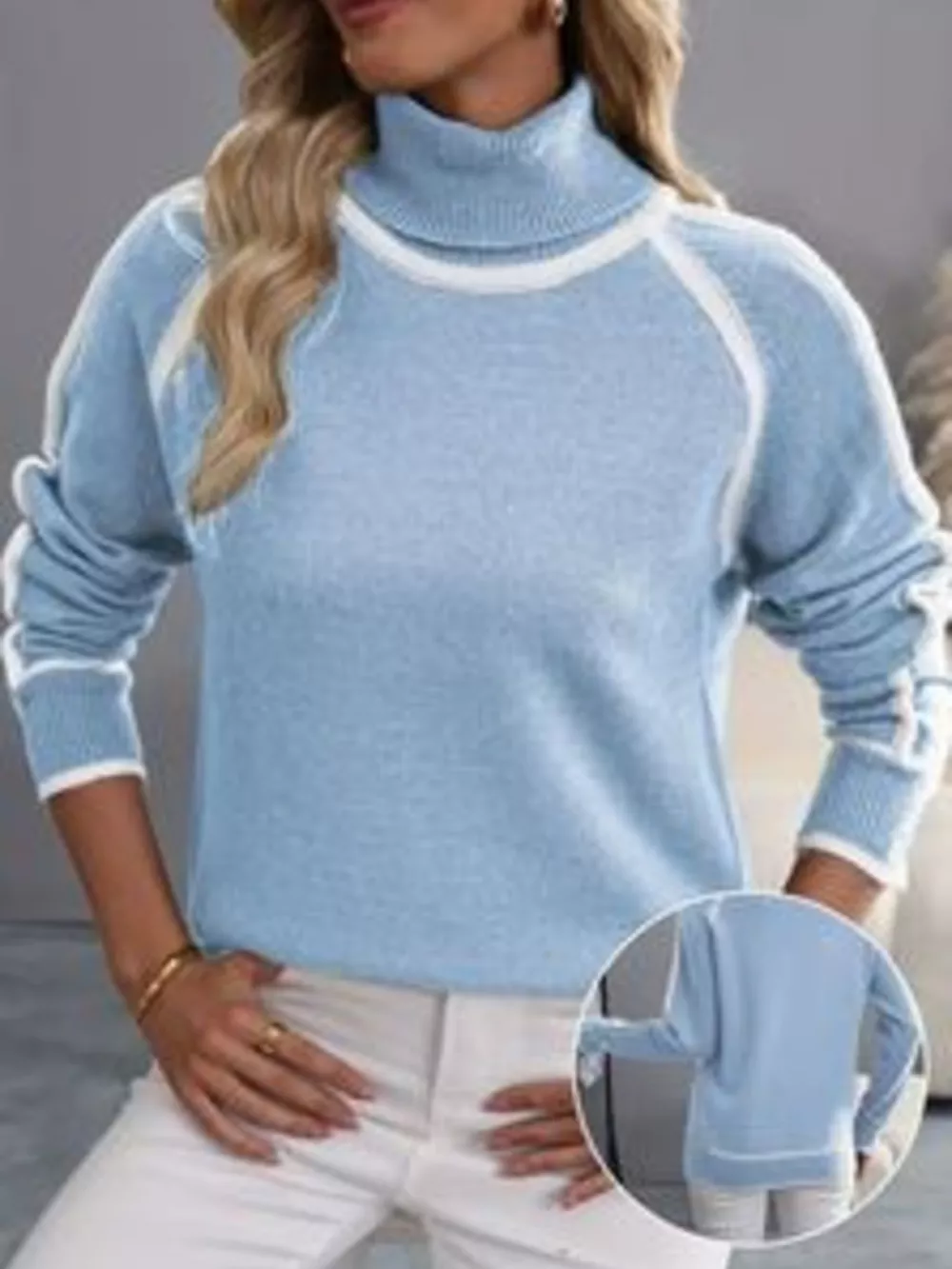 Full Size Contrast Trim Ribbed Hem Turtleneck Sweater Plus Size, image 8