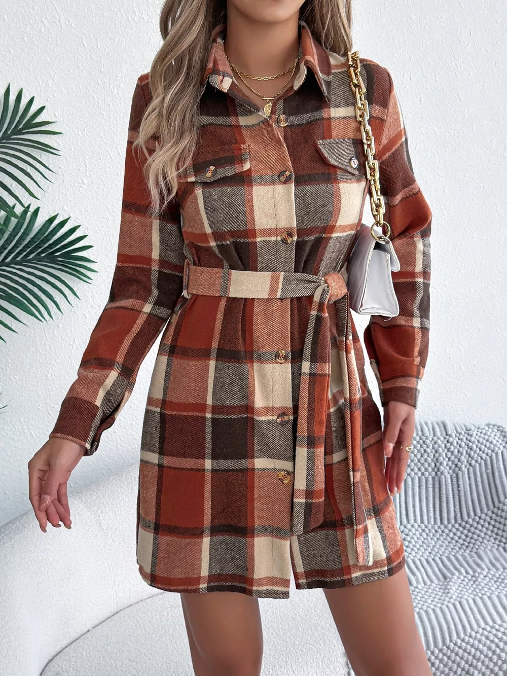 Plaid Button Front Tie Waist Shirt Dress, image 11