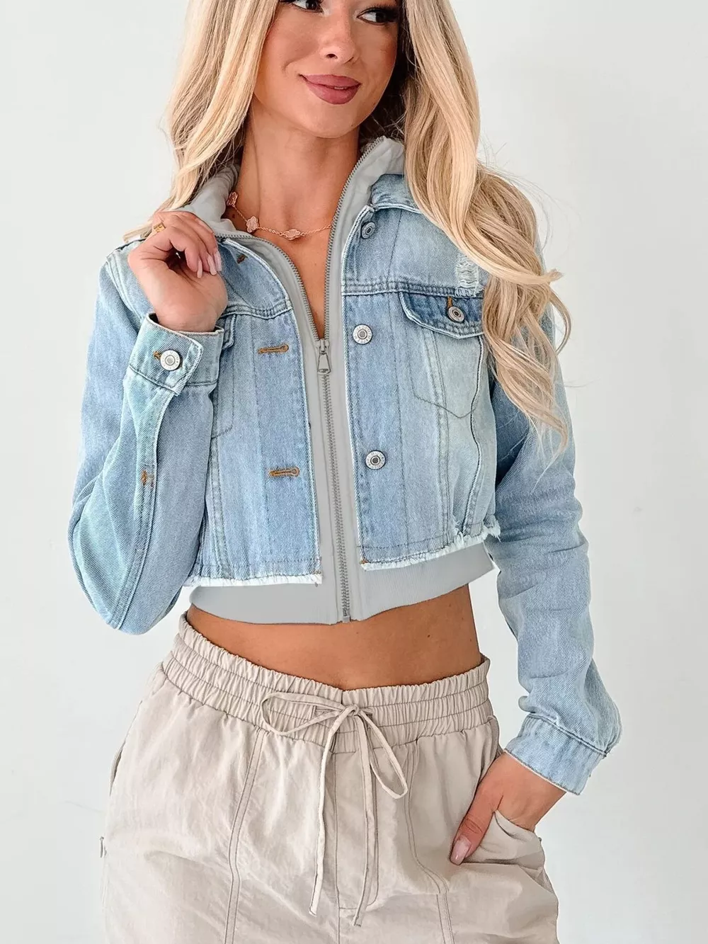 Distressed Zip Up Cropped Hooded Denim Jacket, image 12