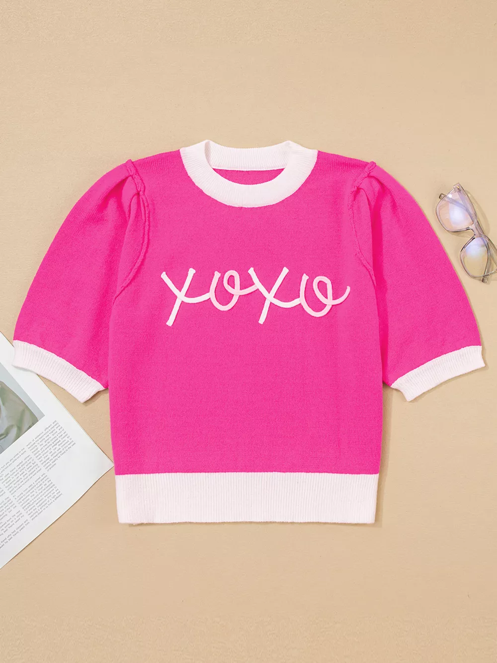 XOXO Valentines Contrast Trim Crew Neck Short Sleeve Sweater, image 4