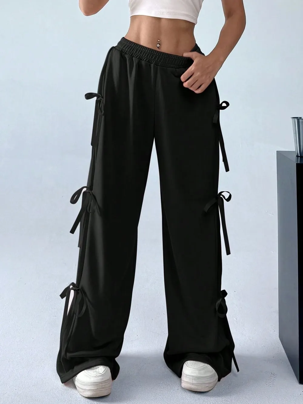 Cargo Wide Leg Pants with Side Tie Details, image 2