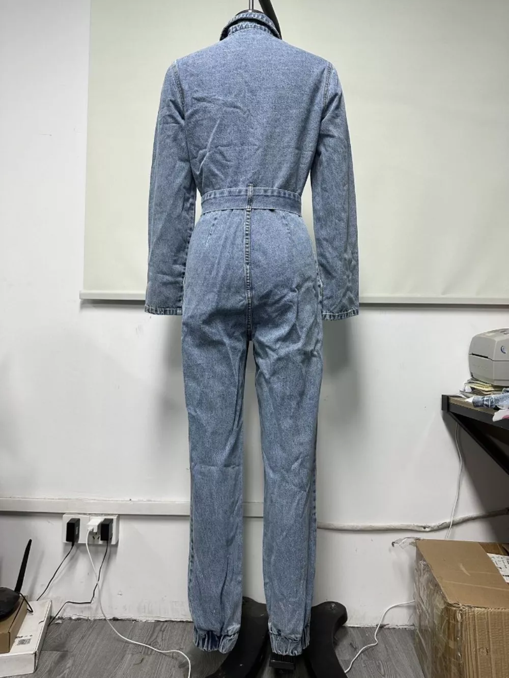 Long Sleeve Button-Up Denim Jumpsuit with Belted Waist and Elastic Cuffs, image 6