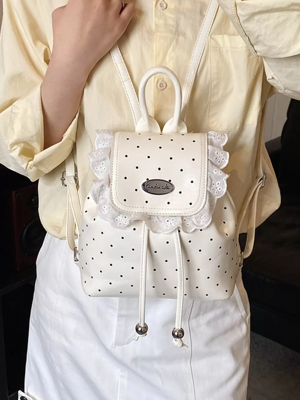 Polka Dot Lace Trim Backpack Bag, image 2