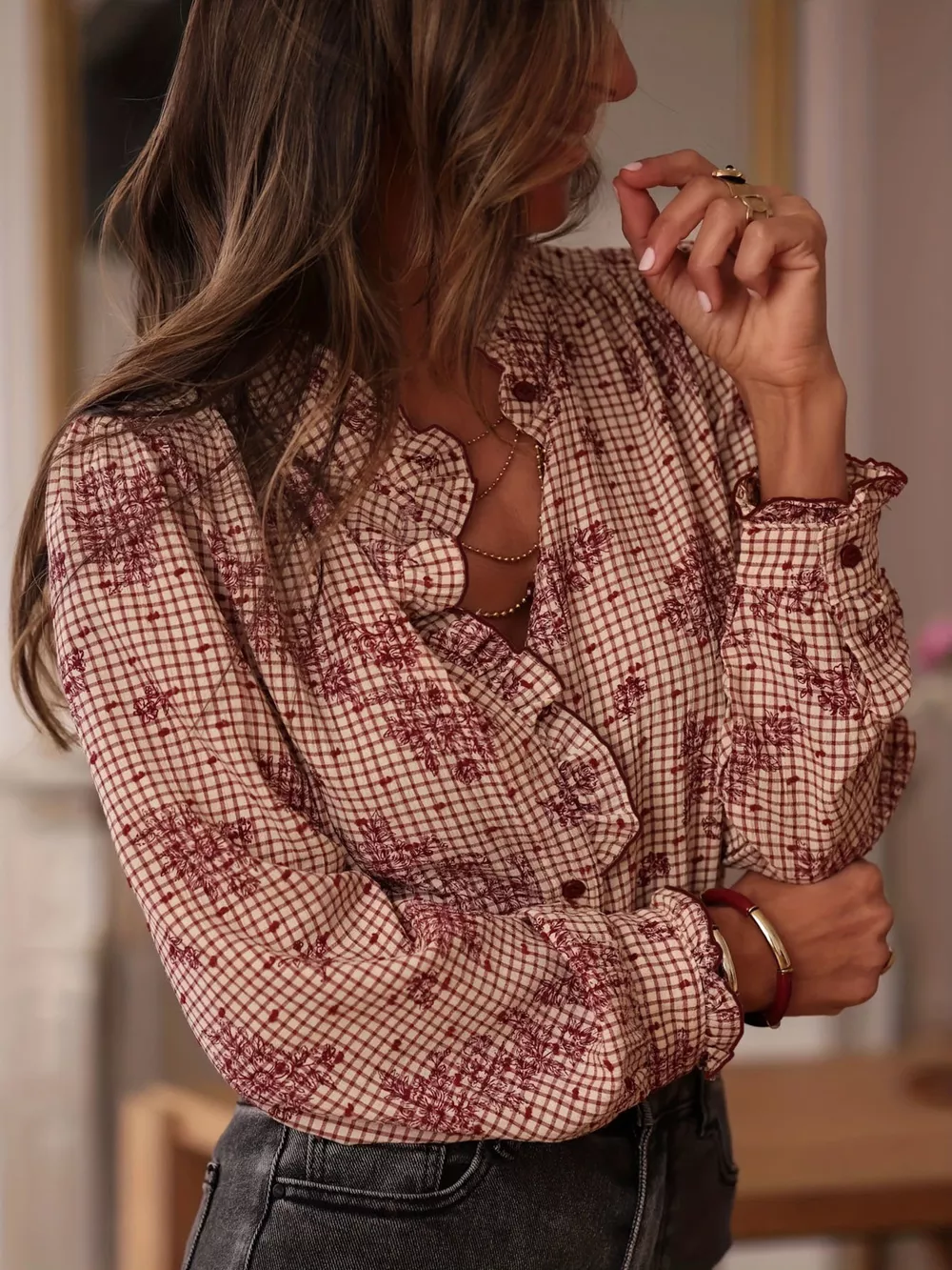 Frill Plaid Button Up Shirt, image 5