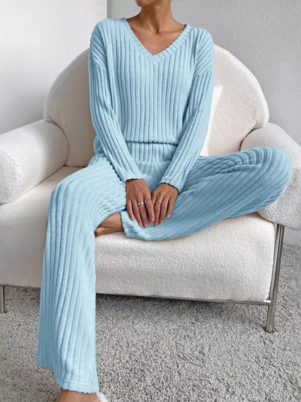 Ribbed Knit V-Neck Top and Pants Set, image 13