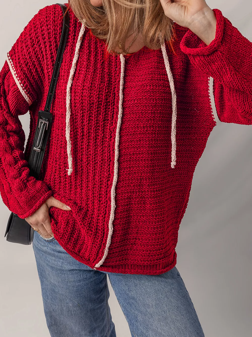 Contrast Trim Textured Knit Drawstring Hooded Sweater, image 9