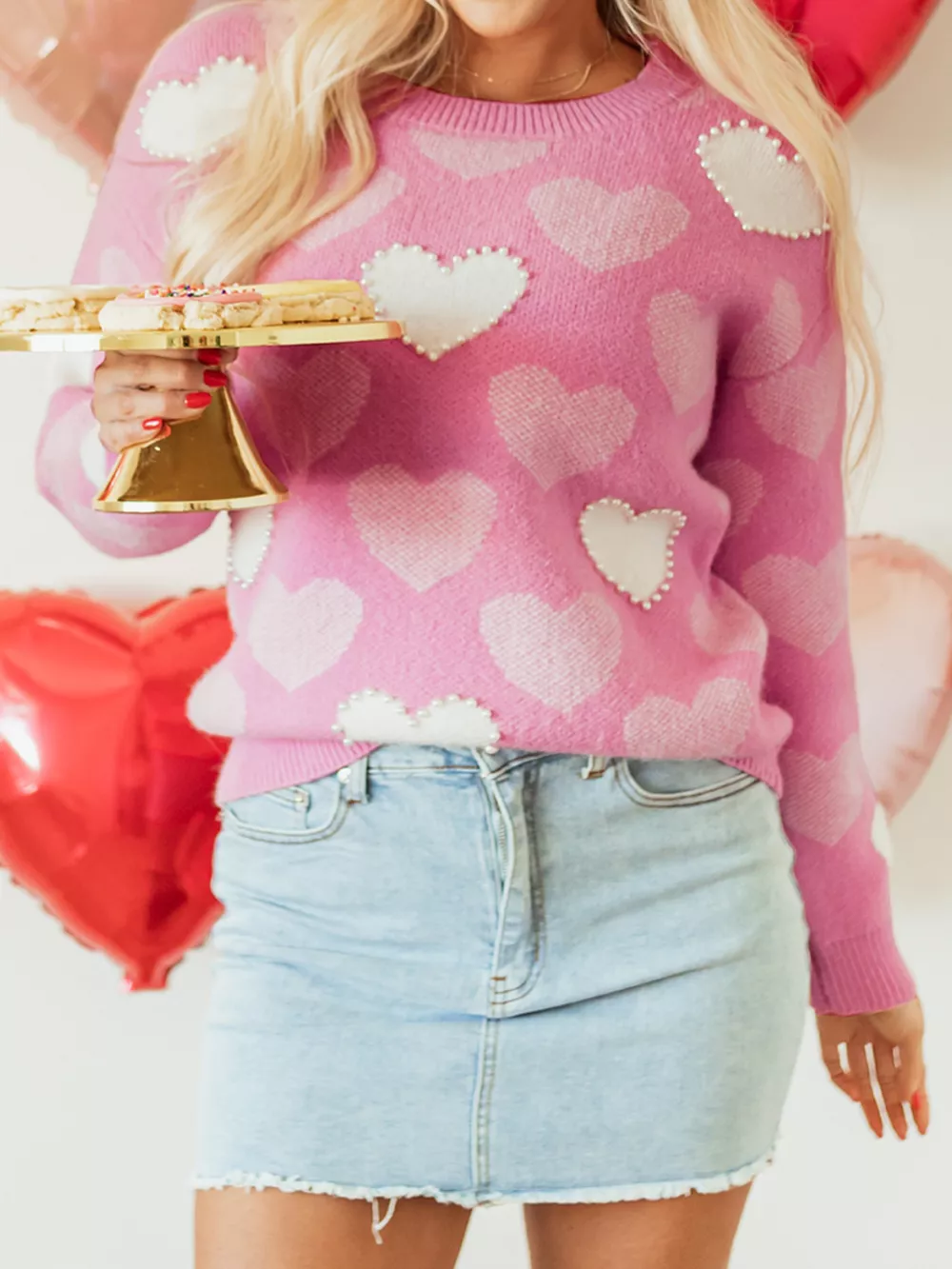Pearled Heart Print Valentines Crew Neck Sweater, image 11