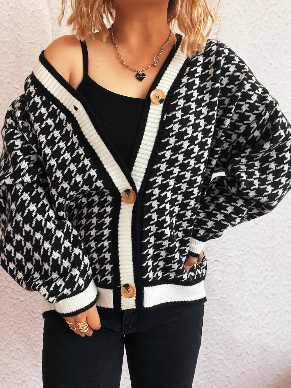 Houndstooth Pattern V-Neck Button-Up Cardigan