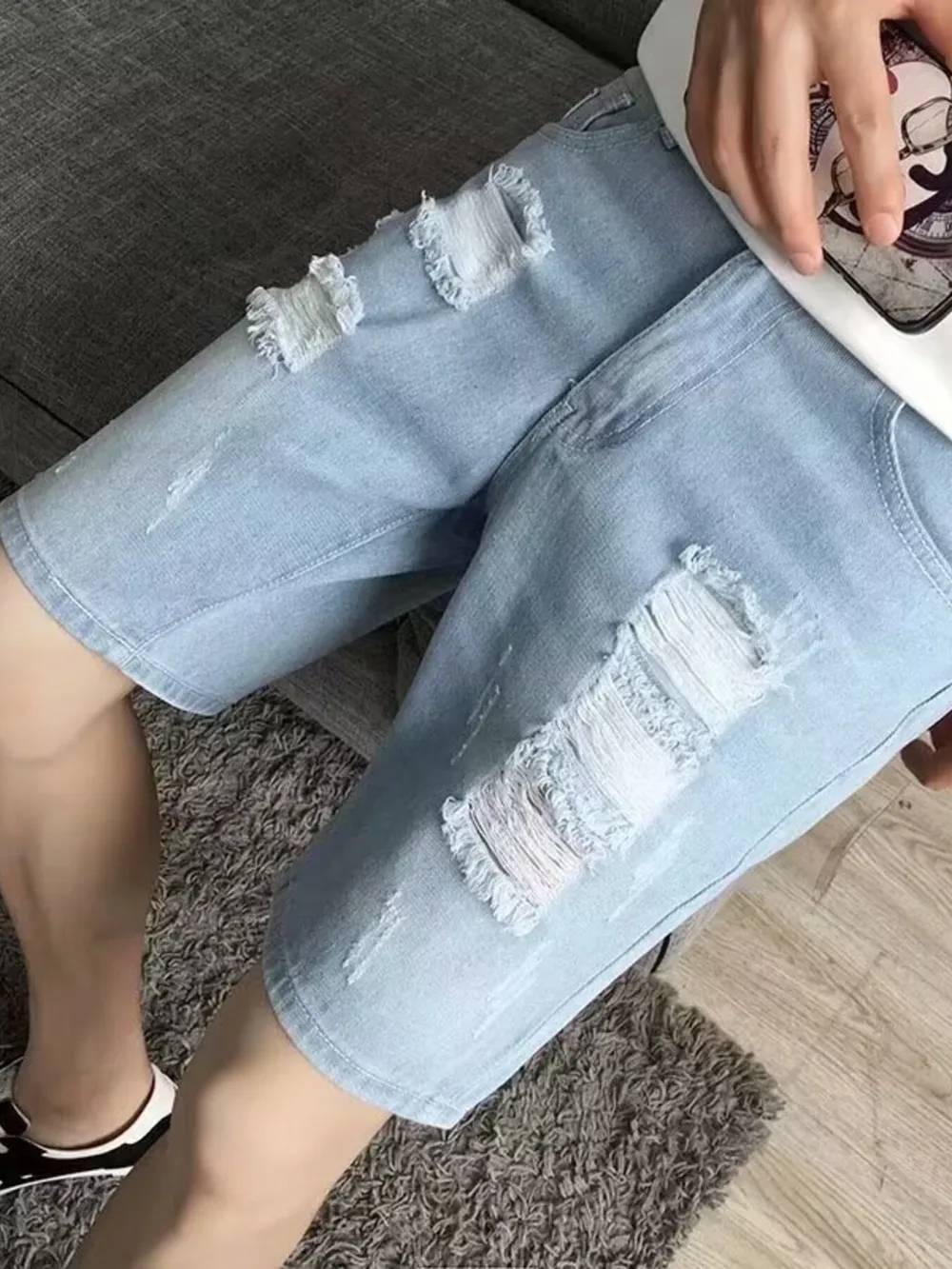 Men's Distressed Wash Denim Shorts, image 3
