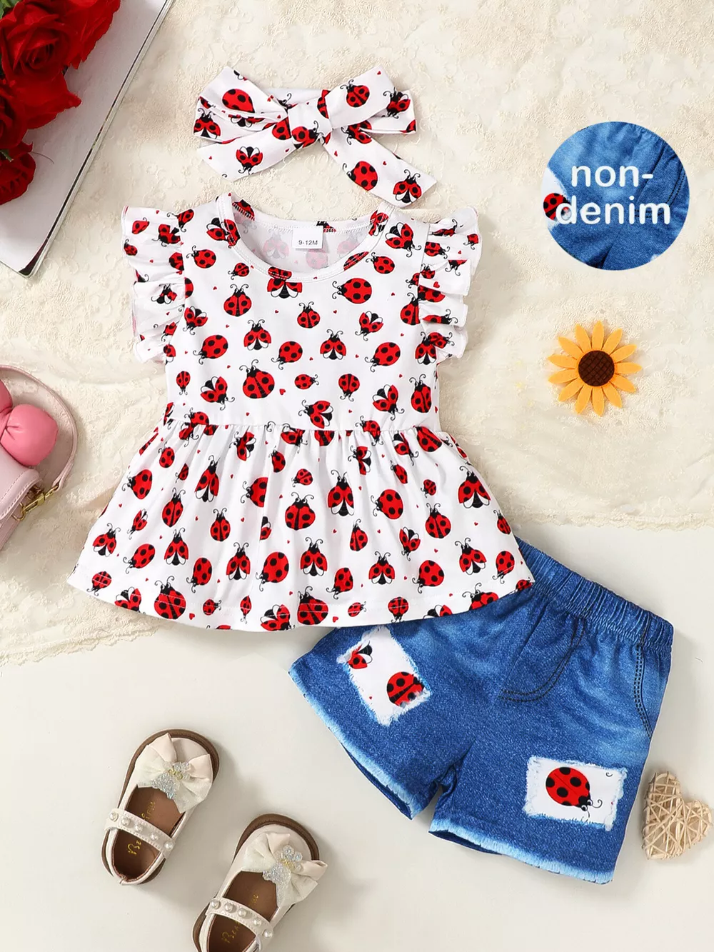 Children's Ladybug Print Ruffle Trim Top & Shorts & Headband Set