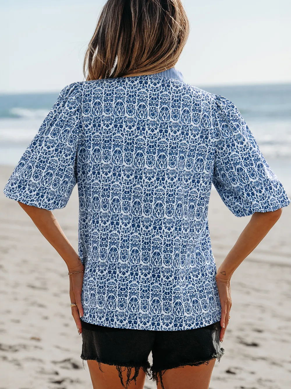 Printed Contrast Ric-Rac Puff Sleeve Top, image 13