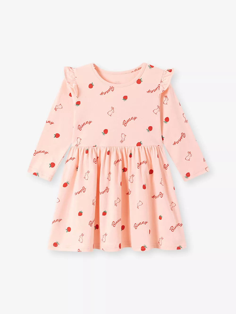 Children's Strawberry and Bunny Print Ruffled Long-Sleeve A-Line Dress, image 2