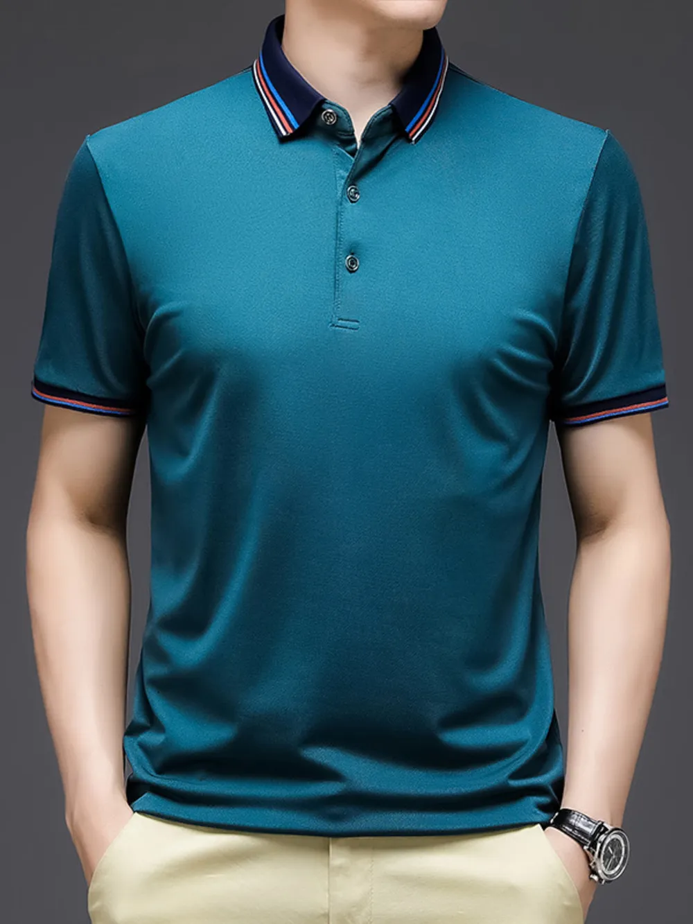 Men's Plus Size Contrast Striped Collar Short Sleeve Polo, image 7