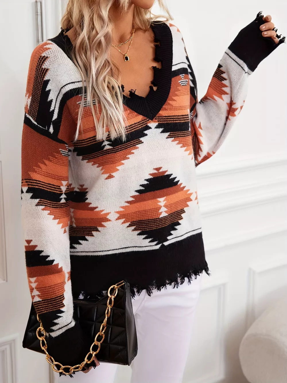 Geometric Frayed Hem V-Neck Long Sleeve Sweater, image 4