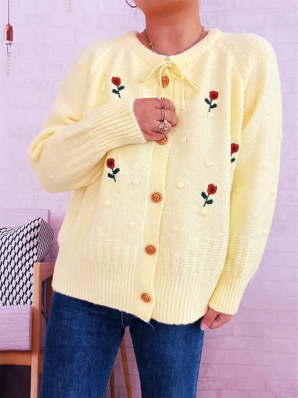 Rose Embroidered Button-Up Cardigan, image 15