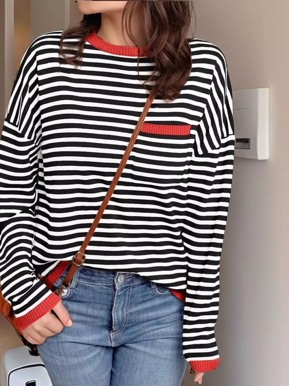 Striped Round Neck Long Sleeve Knit Top, image 7
