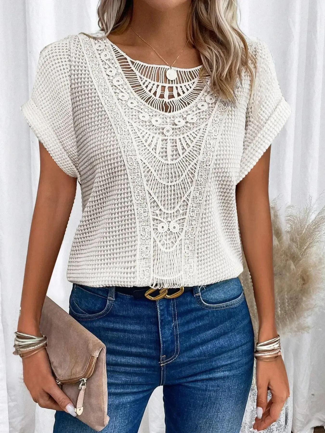 Crochet Lace Short Sleeve Casual T-Shirt, image 26