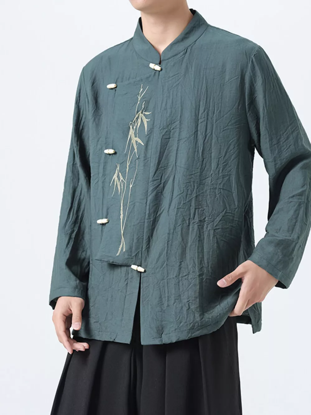 Men's Plus Size Chinese Style Embroidered Bamboo Linen Shirt, image 7