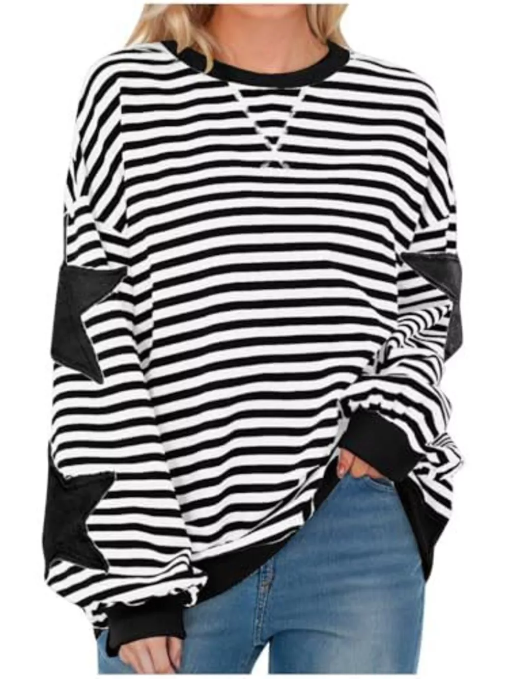 Full Size Star Patch Striped Oversized Sweatshirt Plus Size