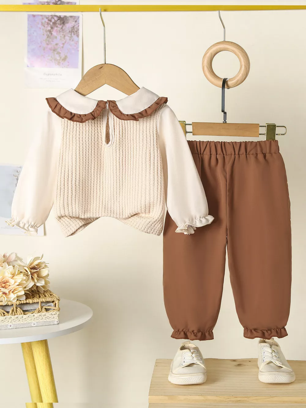 Children's Floral Applique Ruffle Trim Top and Pants Set, image 5