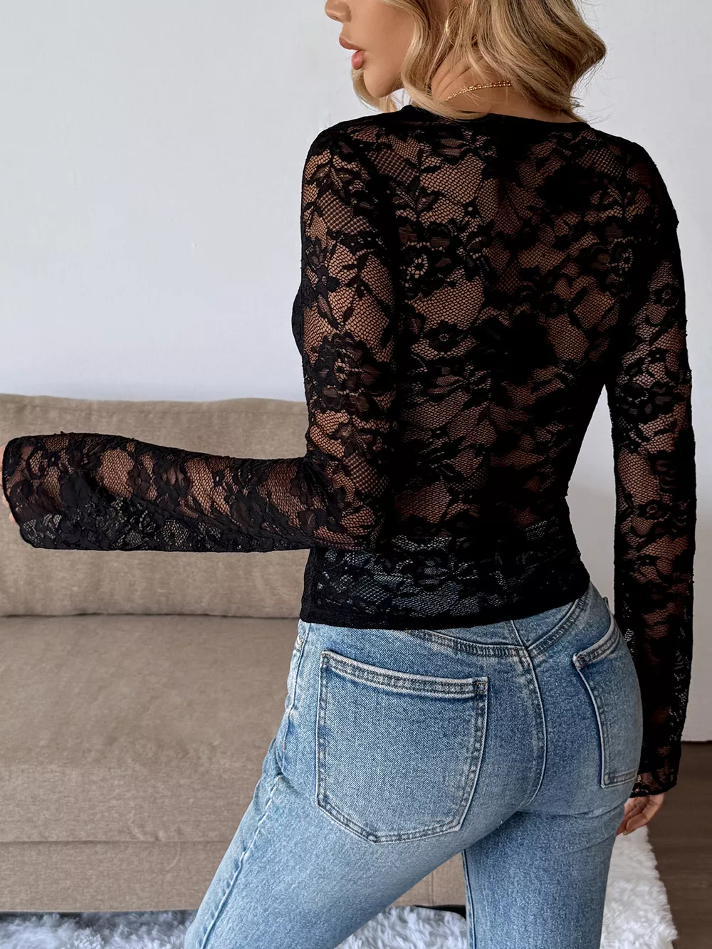 Lace V-Neck Long Sleeve T-Shirt, image 9