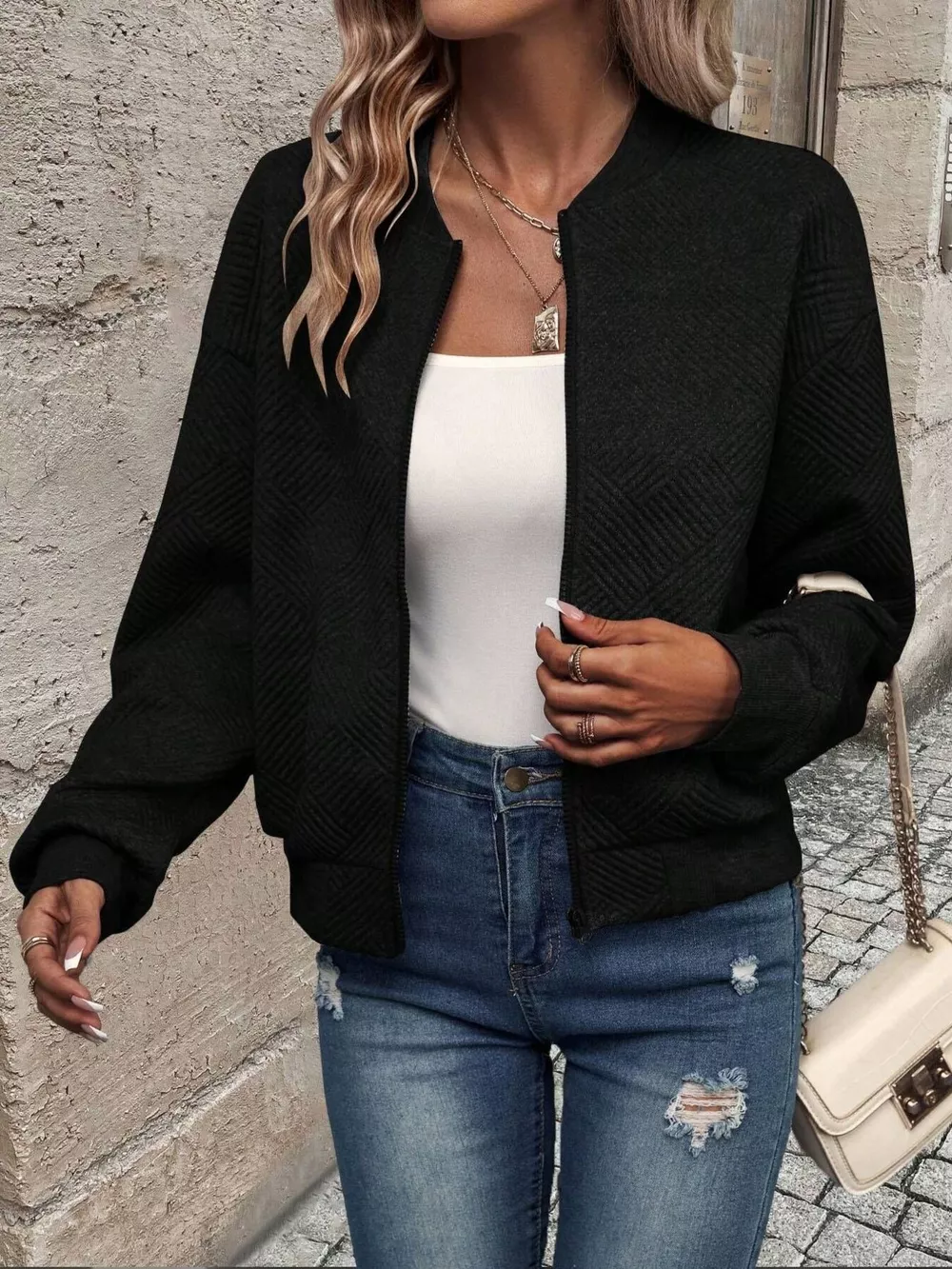 Zip-Up Textured Long Sleeve Jacket, image 2