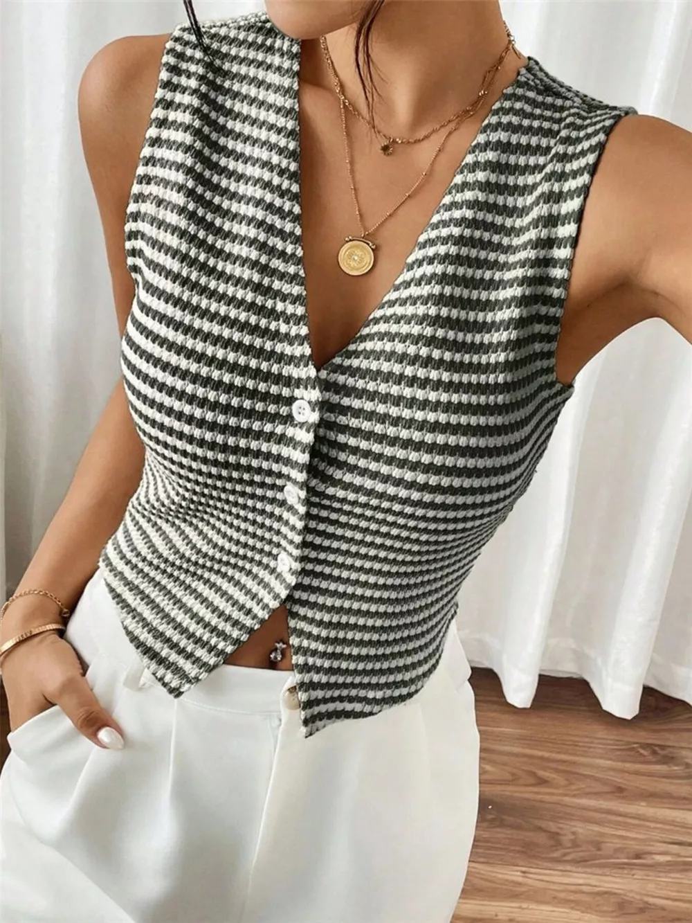 Striped Knit V-Neck Vest, image 18