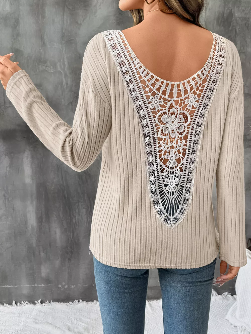 Lace Detail Ribbed Knit Long Sleeve T-Shirt, image 5