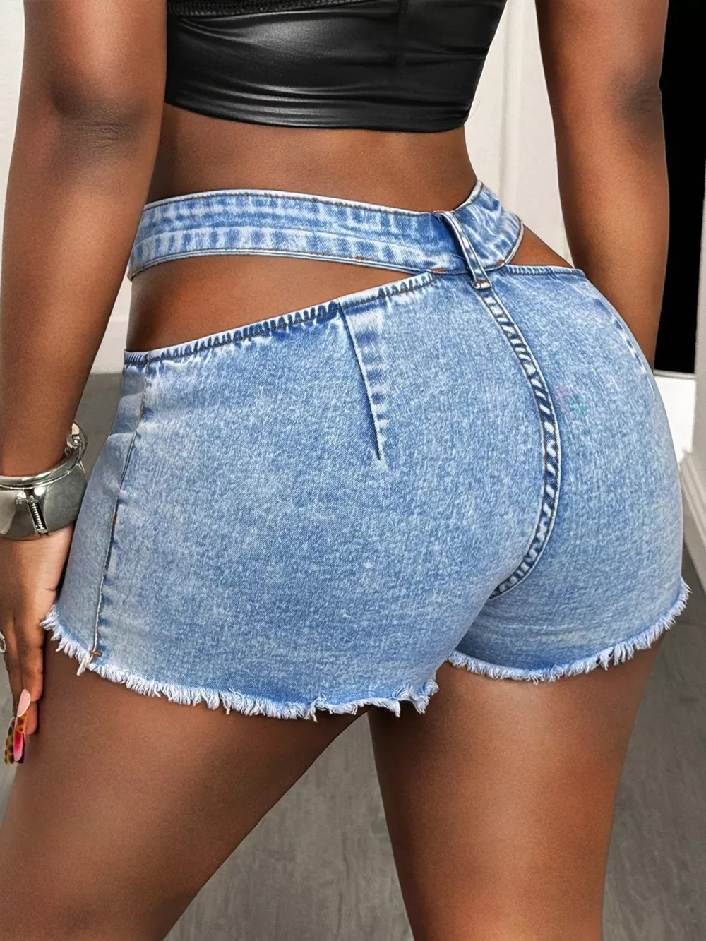 Cut-out Denim Shorts with Frayed Hem, image 5