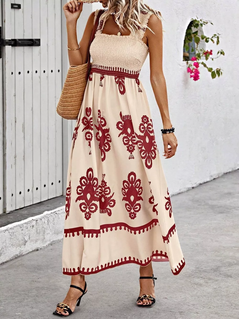 Smocked Printed Square Neck Maxi Dress, image 27