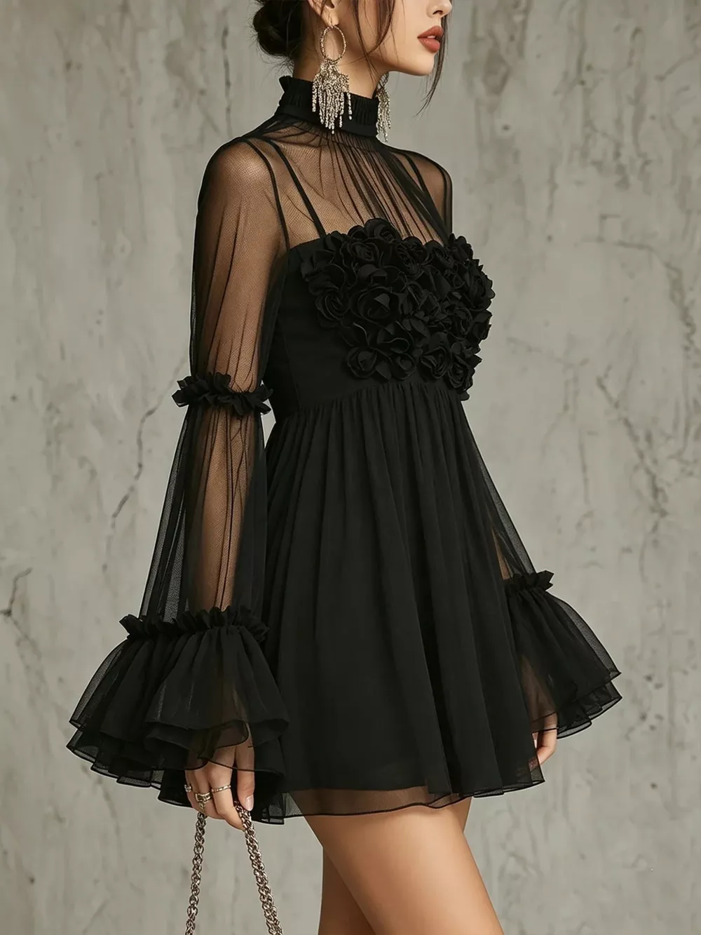 Sheer Mesh Flare Sleeve Mini Dress, image 3