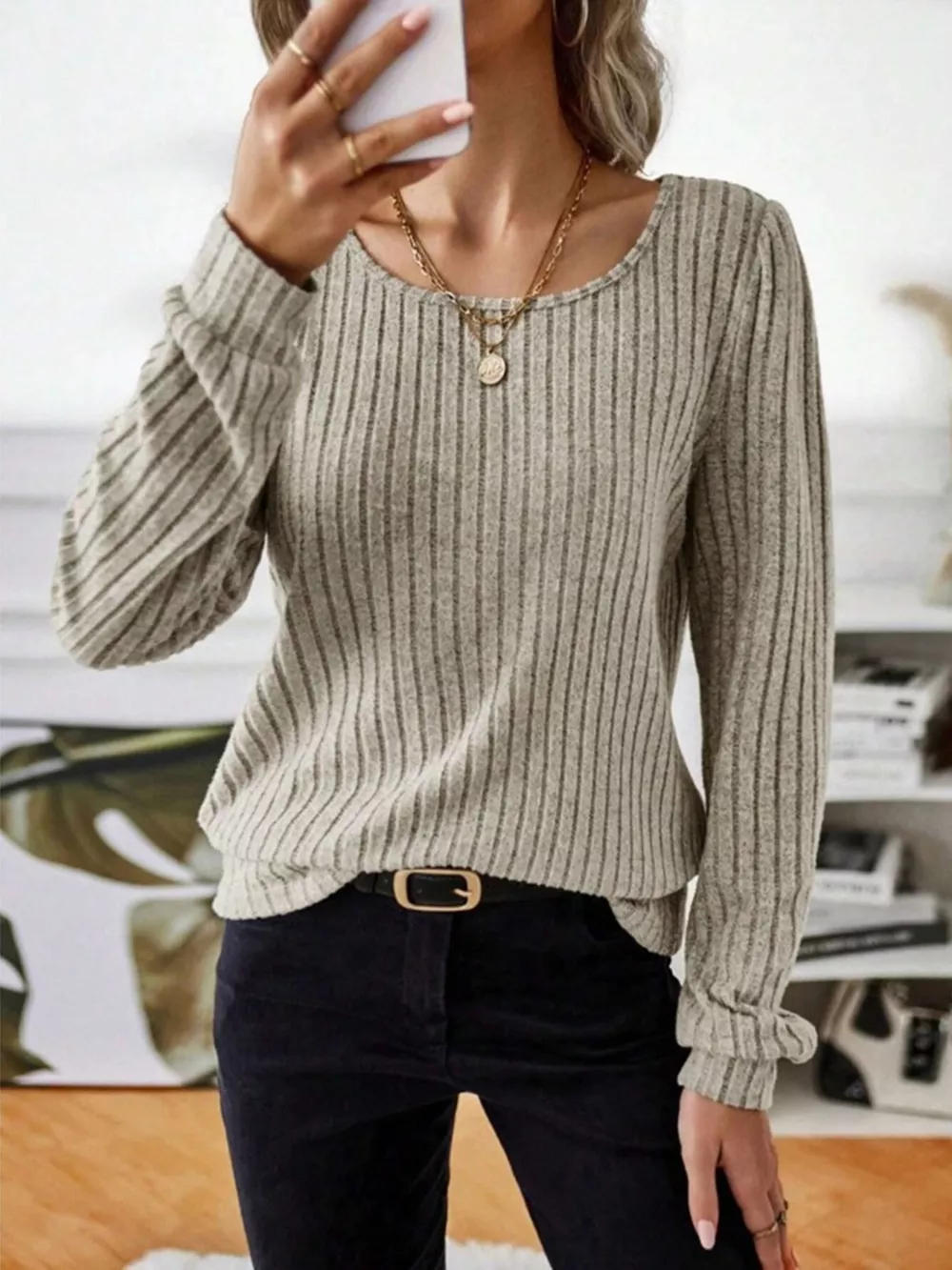 Ribbed Knit Long Sleeve T-Shirt, image 5