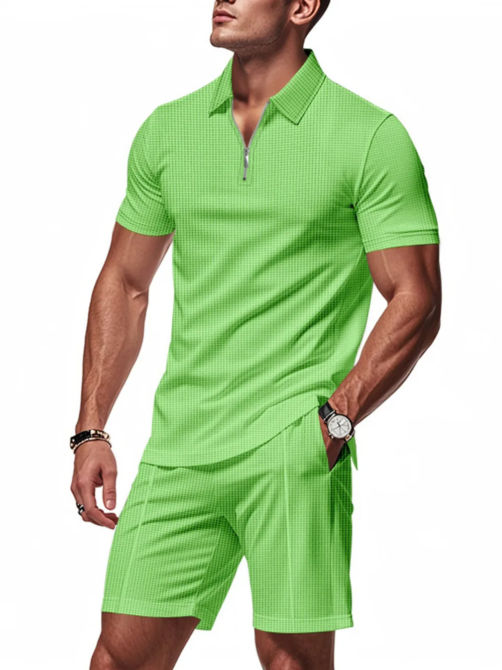 Men's Plus Size Quarter Zip Short Sleeve Top and Shorts Set, image 11
