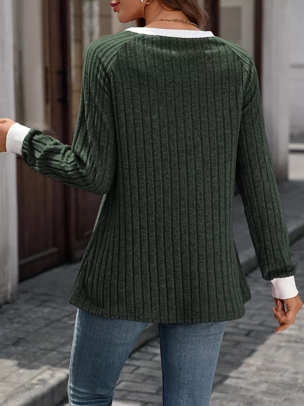 Ribbed Round Neck Raglan Sleeve Knit Top, image 15