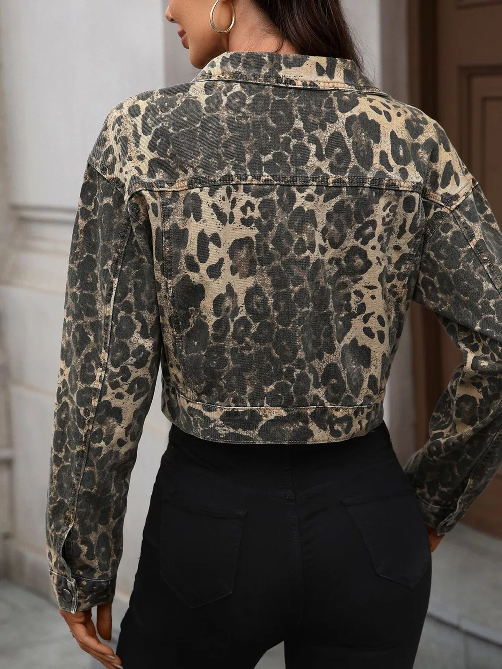 Leopard Button Up Cropped Denim Jacket, image 6