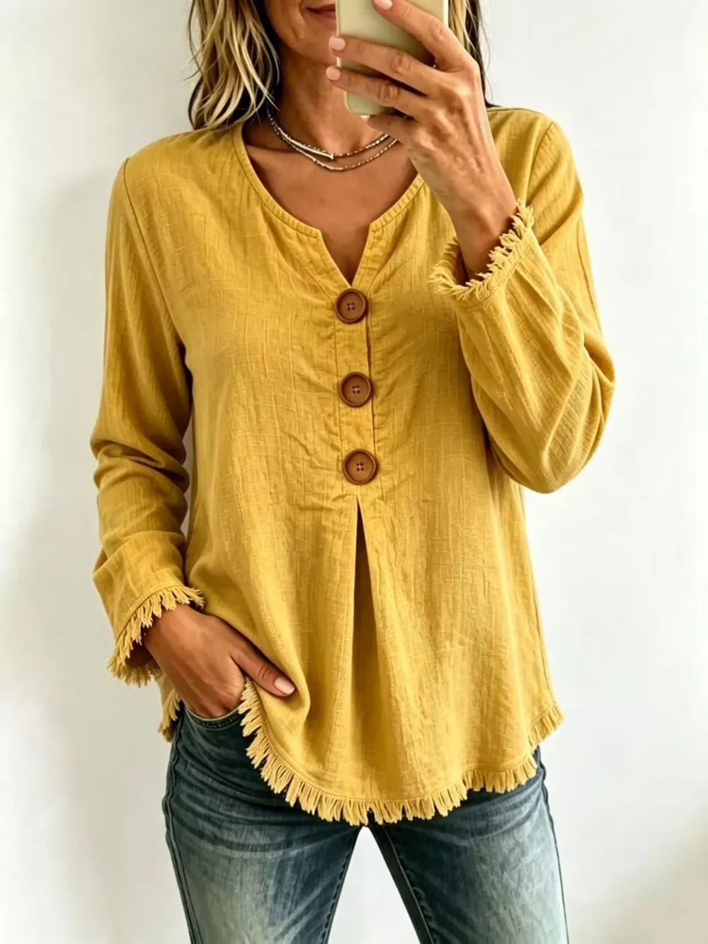 Full Size Casual Half-Button Blouse with Frayed Hem Detail Plus Size, image 8
