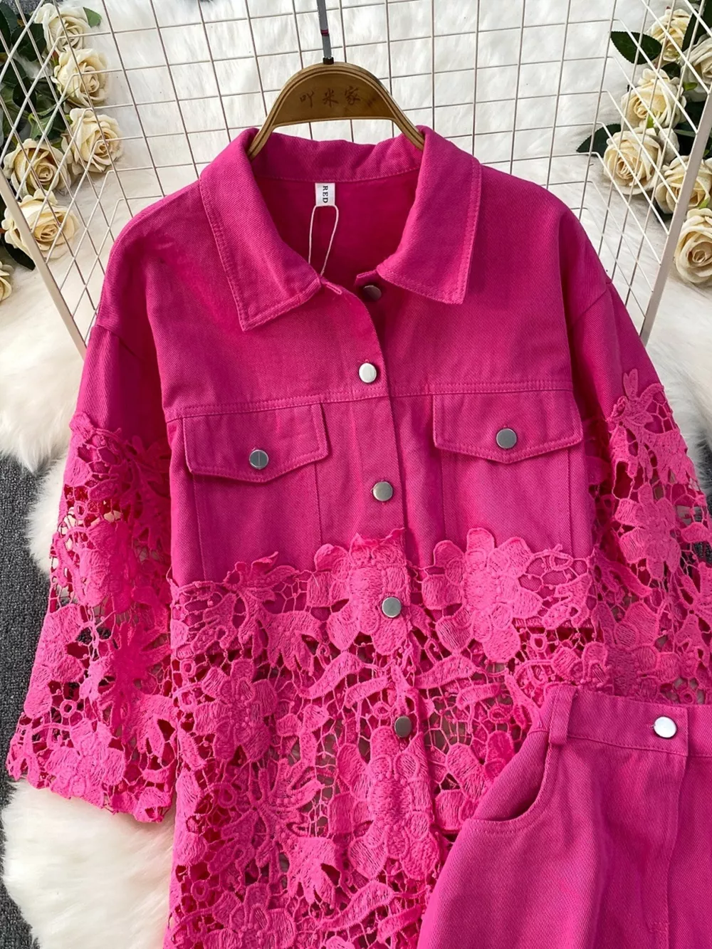 Lace Patchwork Shacket and Pants Set, image 14
